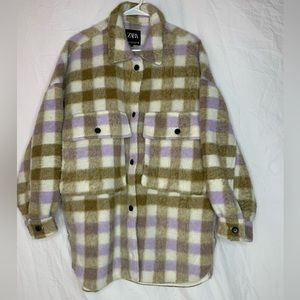 Zara jacket oversized wool blend M-L Dolman batwing sleeves plaid